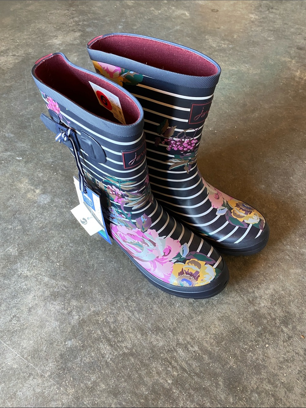 Joules Navy Striped Rain Boots with Pink Floral